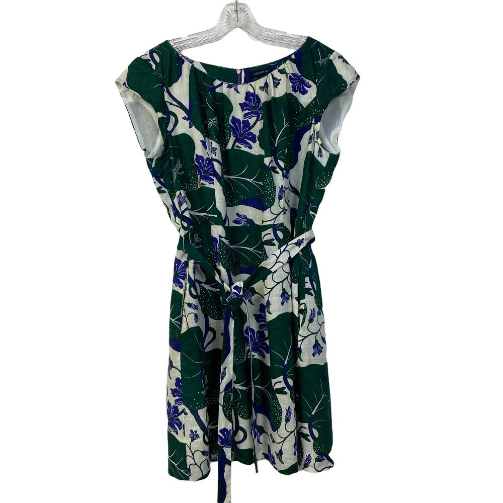 Lands' End Linen Dress Tropical Print Dress Cap Sleeves Tie Belt Lined 14